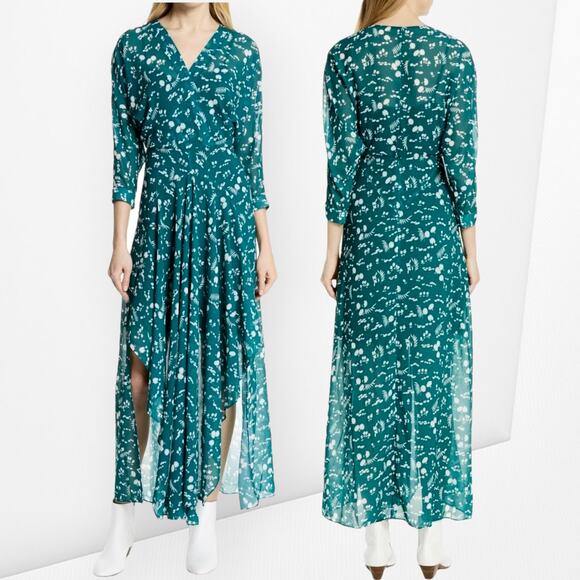 MAJE Green Floral Midi Dress Surplice Neck Wedding Cocktail Party Romantic Boho - Picture 1 of 12